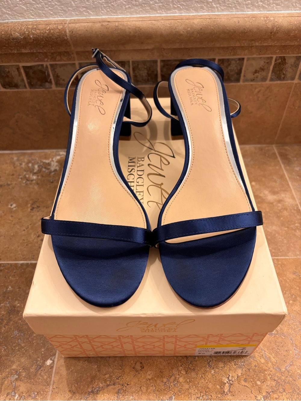 Jewel Badgley Mischka Navy Satin Strappy Block-Heel Sandals